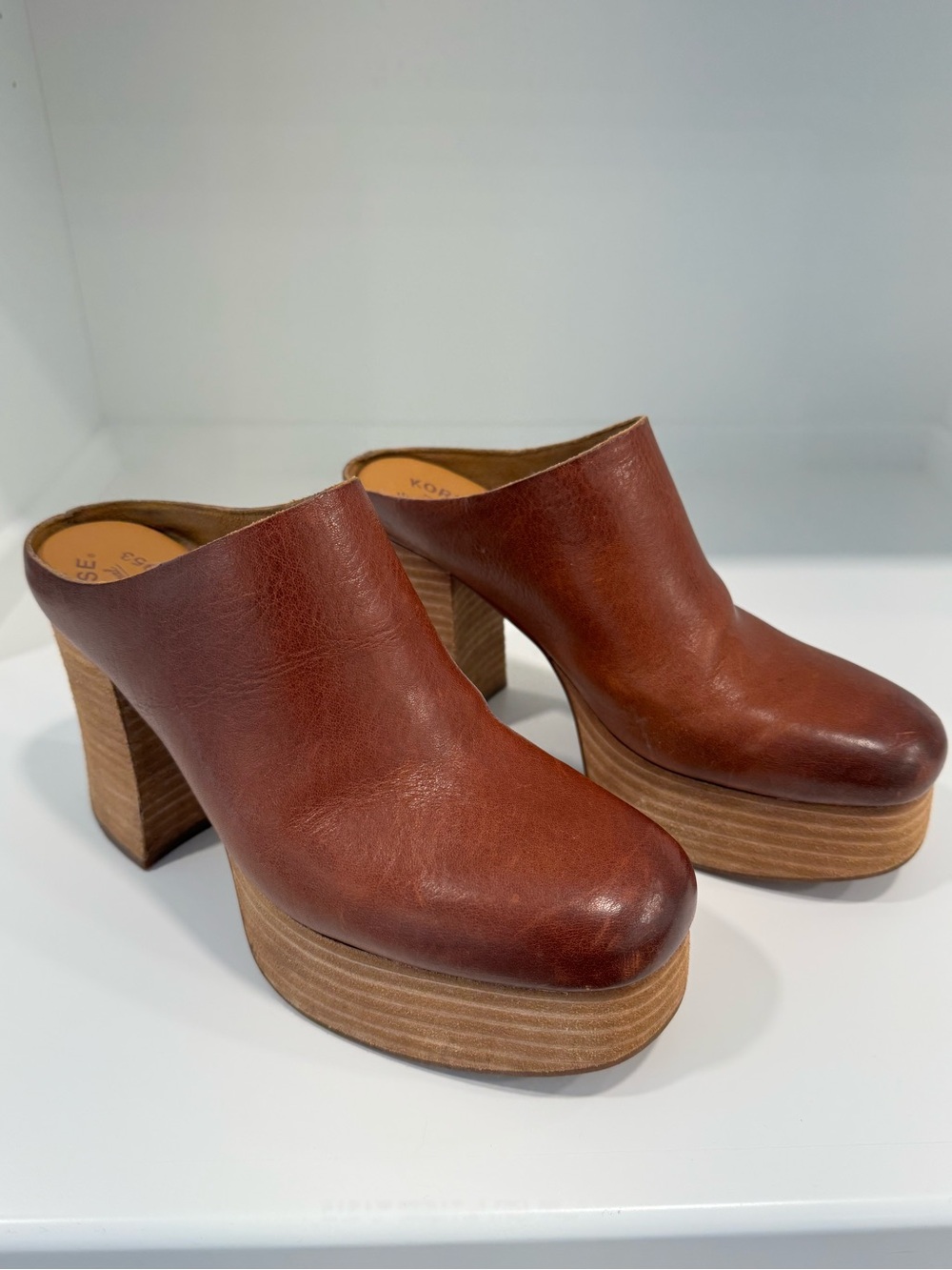 Kork-Ease Cognac Leather Platform Clog Mules